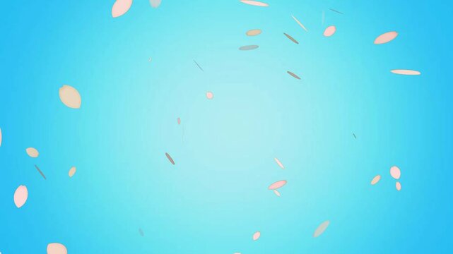 Dynamic animation background of pink cherry blossom petals falling and floating around against blue sky 