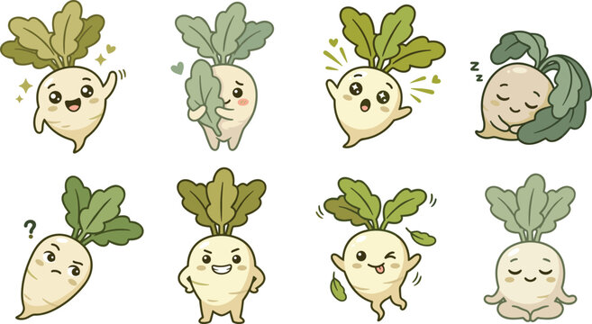 Cute Cartoon Turnip Character Collection with Expressive Emotions and Playful Poses