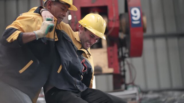 Male technician supports an injured colleague experiencing severe leg pain after a factory accident, assisting toward medical care, workplace safety, emergency preparedness, industrial teamwork, accid