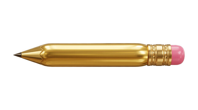 Metallic gold pencil with pink eraser isolated on white, luxury writing instrument for creative design, shiny golden pencil icon for premium branding