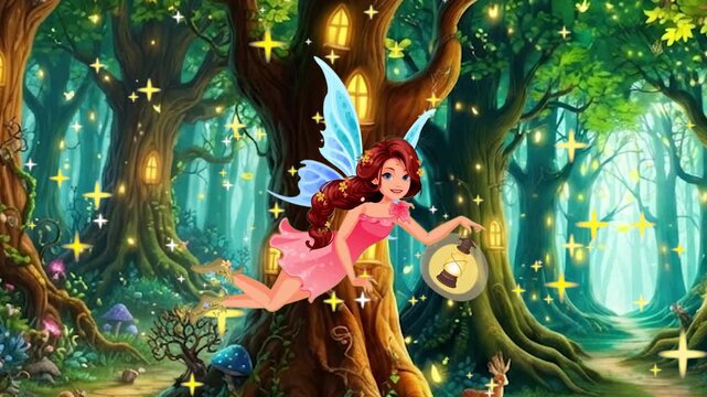 Magical animation of a cute fairy flying through a whimsical enchanted forest with glowing lights
