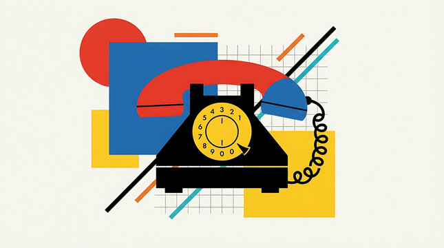 Retro rotary telephone illustration with geometric abstract shapes in red blue and yellow colors
