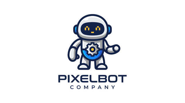 Cute pixelbot company logo design with friendly robot character.