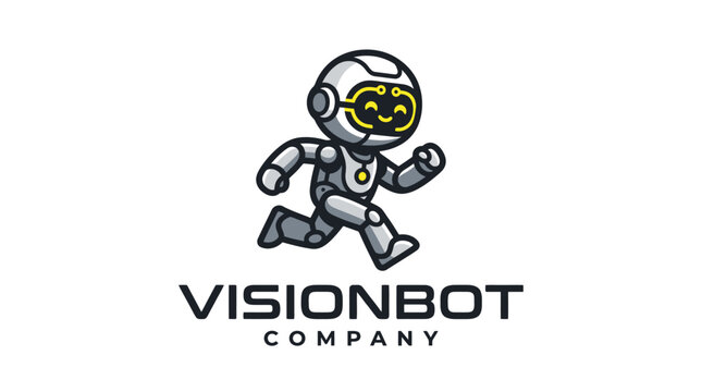 Cute running robot mascot logo design for technology company.