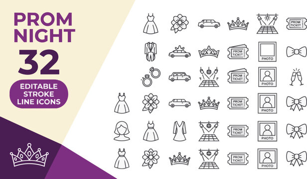 Prom night event celebration line icon collection set on transparent background Editable Stroke.