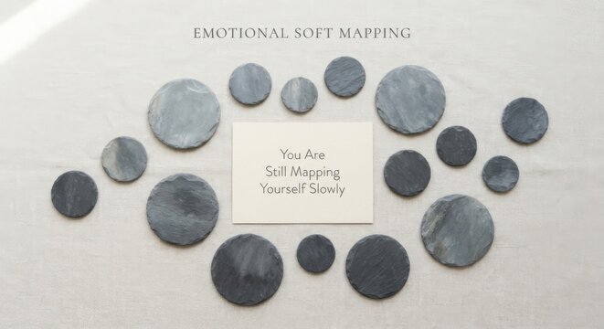 Emotional Soft Mapping: Polished Slate Discs and Inspirational Card Arrangement