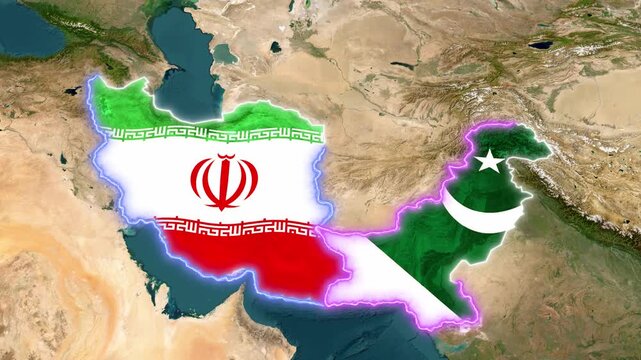 Animated World Map Highlighting Iran and Pakistan with National Flags | Geopolitical Motion Background