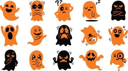Naklejka premium Set of cute orange and black ghost stickers with various funny expressions for a fun halloween celebration design