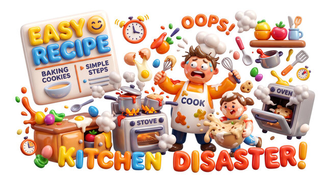 Kitchen disaster 3D cartoon illustration, messy cooking fail with stressed chef and child, funny easy recipe baking cookies concept on white background