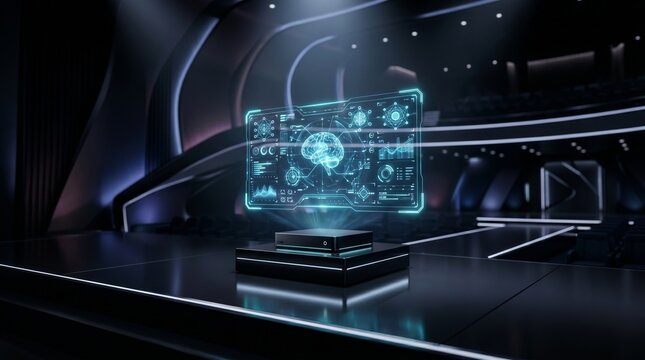 A futuristic holographic projection of a human brain and data panels displayed over a sleek device on a dark, high-tech auditorium stage.