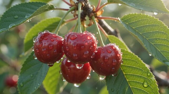 Ripe Red Cherries with Fresh Water Droplets Hanging on a Tree Branch in a Sunny Summer Orchard