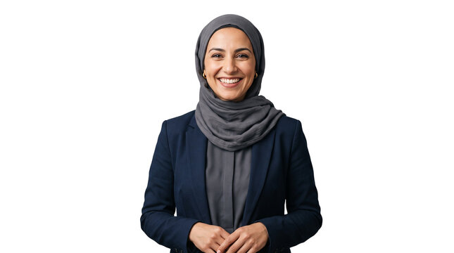 Confident Muslim business woman wearing grey hijab and navy blazer, professional middle eastern female entrepreneur, smiling corporate employee on white background