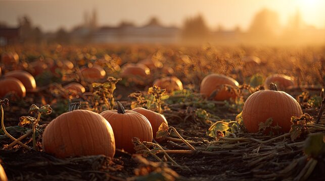 Autumn pumpkin patch during the seasonal harvest, bathed in warm golden sunset light and surrounded by a charming rustic farm setting
