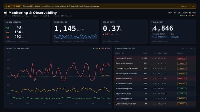 Dark mode AI observability dashboard displaying model latency, throughput, error rate, and token cost with 24-hour latency trends and severity-coded error breakdown.