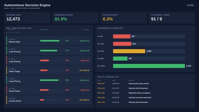 Real-time autonomous decision engine dashboard displaying live confidence scores, KPI metrics, and policy override logs on a deep slate interface. professional stock footage for technology, business,.