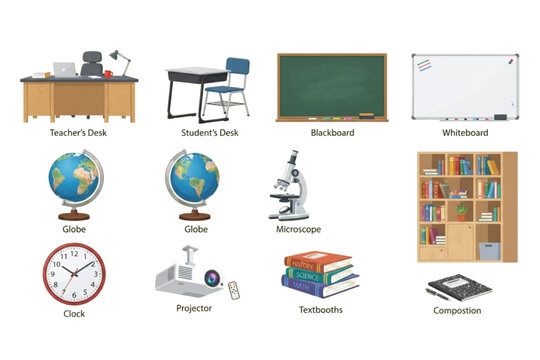 A collection of labeled classroom objects and equipment, featuring a teacher's desk, a student's desk, a blackboard, a whiteboard, globes, a microscope, a bookshelf, a clock, a projector, textbooks, 