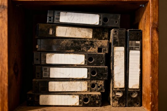 Stack of Old, Dusty VHS Tapes in Wooden Shelf