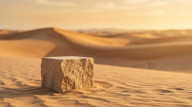 A rectangular sandstone block stands alone in a vast desert landscape under a warm golden sunset, creating a perfect minimalist display platform.