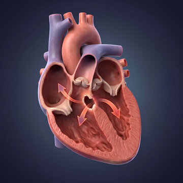 3D Rendering of Ventricular Septal Defect showing blood flow through a hole in the heart septum
