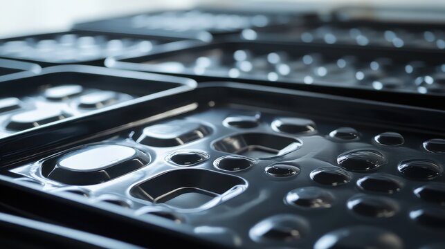 Plastic blister packaging trays are arranged in a repeating pattern on an assembly line to demonstrate industrial manufacturing processes and efficient storage solutions.
