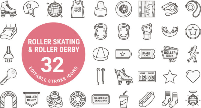 Roller skating and roller derby sport equipment linear on transparent background Editable Stroke.