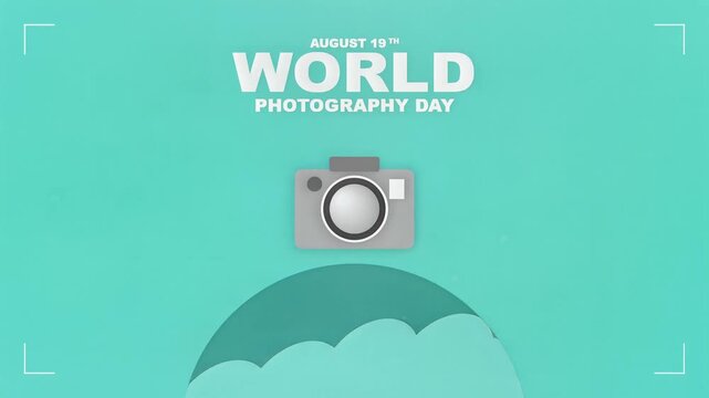 World photography day animated banner with camera icon on a teal globe