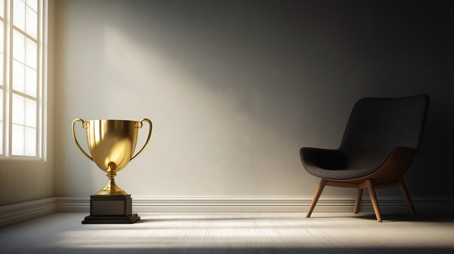 Golden trophy cup on floor in minimalist room with armchair and window light