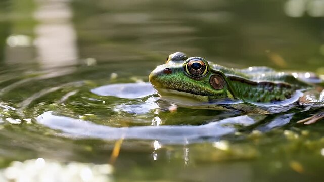 Close up of a green frog swimming in a pond with water ripples