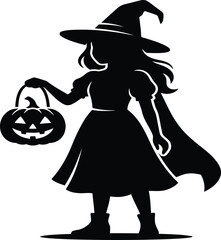 Black silhouette of a young witch holding a carved pumpkin lantern