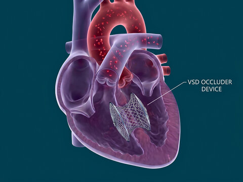3D Medical Illustration of Ventricular Septal Defect VSD Occluder Device Placement in Human Heart
