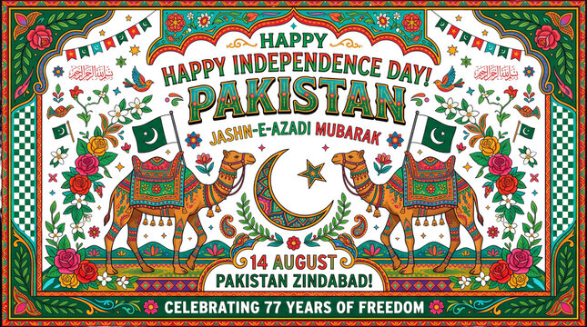 Happy Independence Day Pakistan greeting card. Traditional folk art illustration with decorated camels. Jasmine e Azadi Mubarak, 14 August, Pakistan Zindabad text. Four poster designs