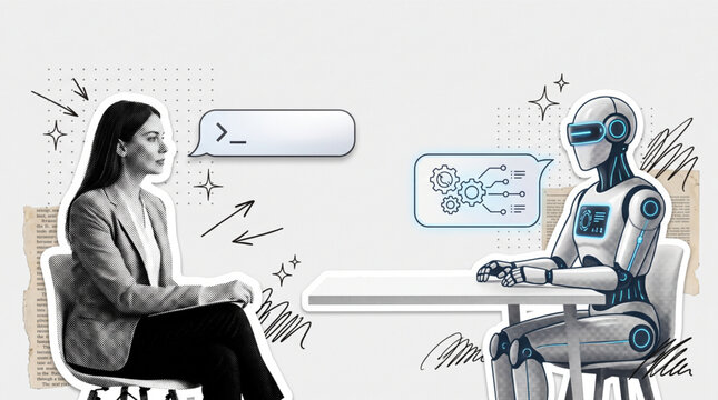Trendy halftone collage human woman interviewing futuristic robot for AI technology concept. Fun mixed media stickers with vintage dot texture doodles and retro grunge scrapbook elements layout.