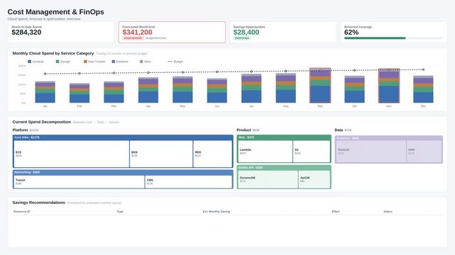 Clean financial dashboard displaying cloud cost analysis with budget tracking and savings recommendations in light mode. professional stock footage for technology, business, and editorial use.