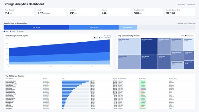 Clean light-mode storage analytics dashboard showing total capacity, usage trends, and top consumers in a modern UI with blue segmented bars and color-coded treemap.