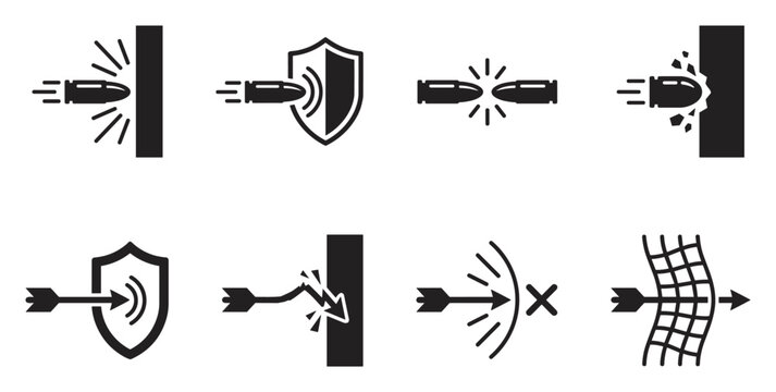 Bullet and arrow impact on shield wall and net abstract protection concept icons.