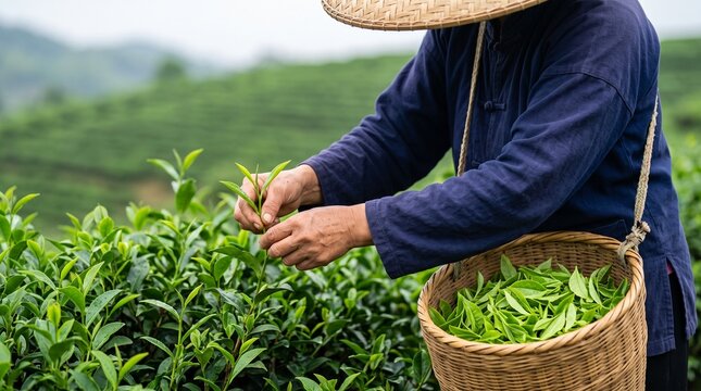 Farm worker hands harvesting fresh green tea leaves into basket on rural plantation hill