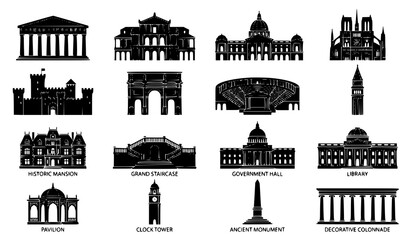 Classical historic architecture buildings monuments and landmark black silhouette vector set © Jahangir