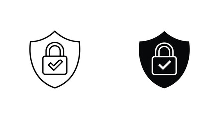 Shield With Padlock And Checkmark Icon Black And White Line Art Style © Mdmojibur
