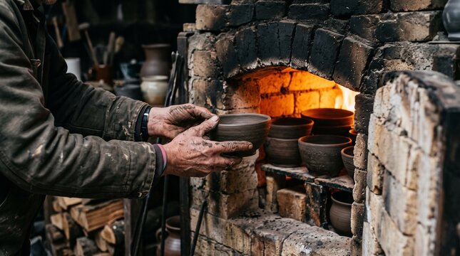Potter hands loading unglazed ceramic clay pots into kiln oven for firing process in pottery studio