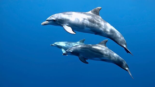 Small pod of dolphins swimming together in clear blue ocean water