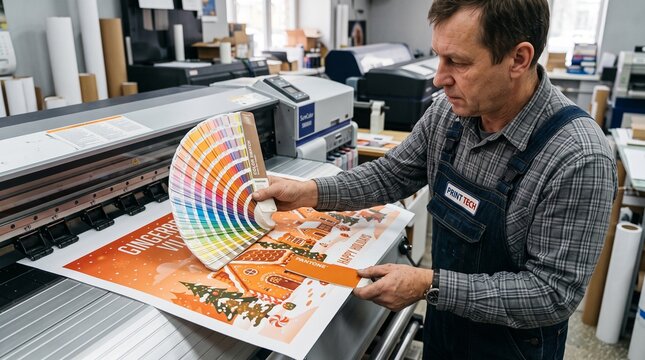 Male printer technician checking color swatches on large format print