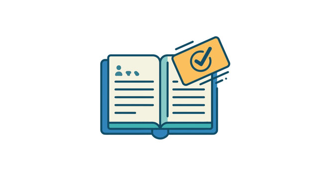 Professional flat vector illustration of an open book with a success check mark icon
