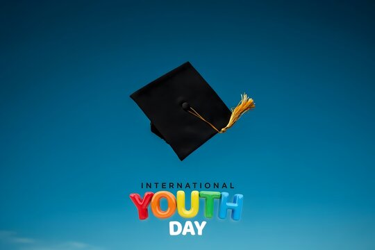 International youth day concept with graduation cap thrown against blue sky