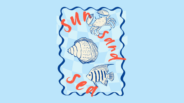 Nautical beach theme vector illustration featuring hand drawn style crab, seashell, and striped tropical fish on a light blue checkered background with red Sun Sand Sea quote and wavy frame.
