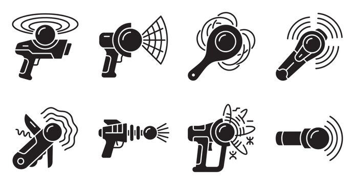 Set of futuristic ray gun and toy weapon icons silhouette.
