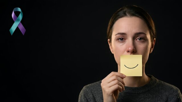 National Suicide Prevention Month Awareness Background with Teal Purple Ribbon and Woman Holding Smiley Note on Black Background