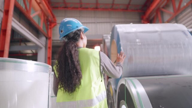 Quality assurance officers and warehouse professionals inspect finished metal products, confirming specifications, quantity, and packaging, while production teams evaluate raw materials before process