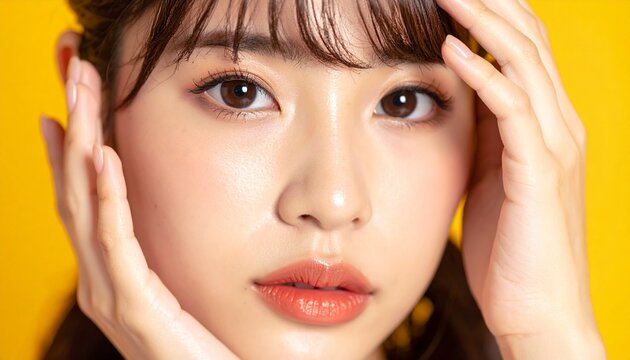 日本人10代美女・美肌クローズアップ・指先頬タッチ・黄色背景・美容広告 / Japanese Teenage Beauty Close-Up &mdash; Oval Face, Large Gentle Eyes, Fingers on Cheek, Yellow Background, Beauty Ad