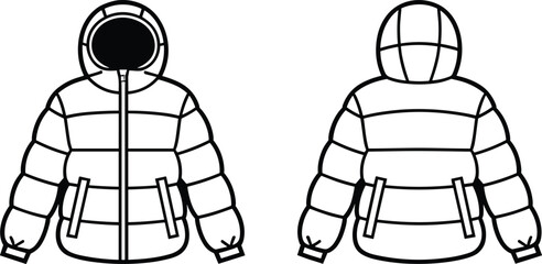 Blank hooded puffer jacket technical flat sketch template vector set front and back view fashion line art for design mockup © MostAnzuara