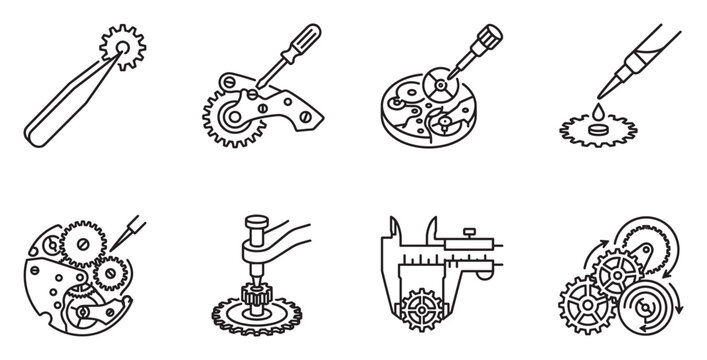 Watchmaker tools and gears precision mechanical parts for watch repair.